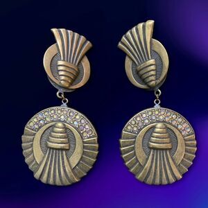Banana Bob ox gold ab crystal Art Deco elegant dangle clip earrings 4” L NOS